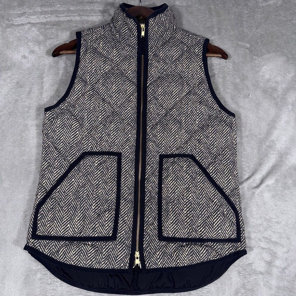 J. Crew Vest Women's Small Black White Herringbone‎ Quilted Puffer Down Zip Vest